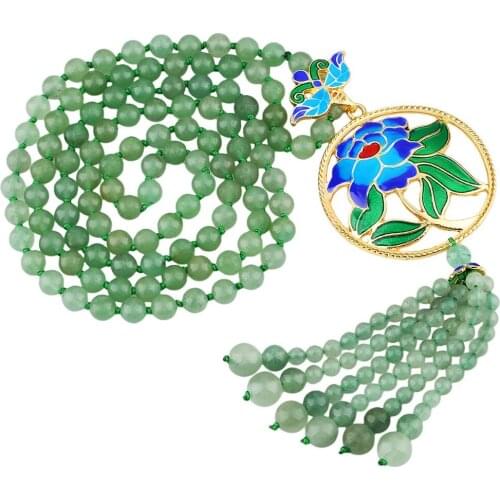 SUNYIK Green Aventurine Gem stone 6mm Beads Multilayer Bracelet Necklace with Flower Beaded Tassel