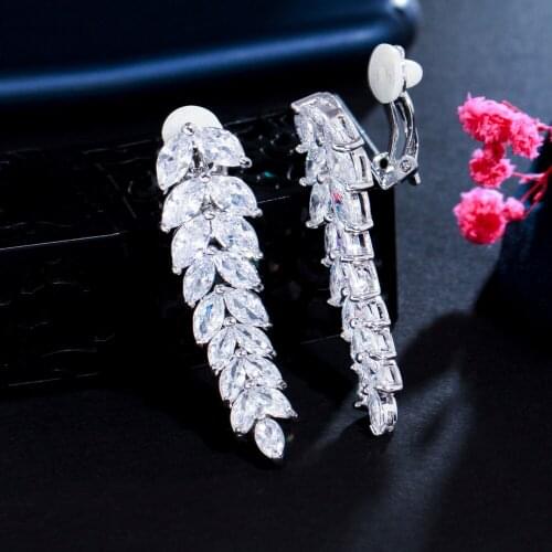 ThreeGraces Brand Elegant Dangle Drop Leaf Shape Cubic Zirconia Long No Hole Clip On Earrings Non Pierced Ears Jewelry ER102