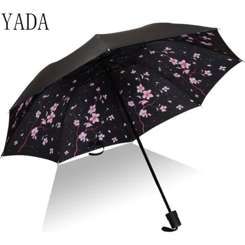 YADA ins Design Black Coating Folding Umbrellas Cherry blossoms Flower Rainy Umbrella For Women UV Lovely Umbrella Gift YD200067