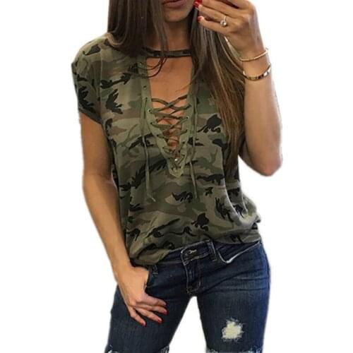 Sexy Camouflage T-shirt Tee Top Women Summer V Neck Lace Up Casual Loose Camo T Shirt for Ladies Plus Size