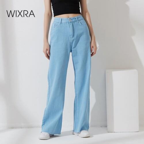 Wixra Womens 2021 New Candy Color Pockets Denim Wide Leg Pants Full Length Jeans Ladies Loose Straight Casual Trousers
