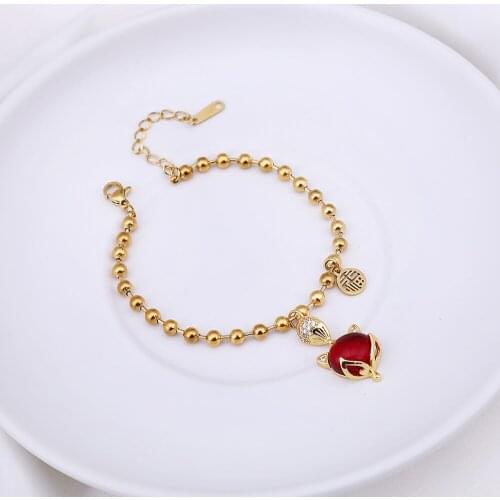 Vintage Red Fox Head Shape Pendant Chain Beaded Bracelets Female Luxury Gold Color Stainless Steel Retro Jewelry For Women