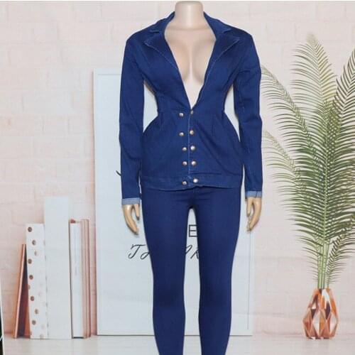 African Clothing Denim Women Suit Two-piece Set Stretch V Neck Jeans Long Sleeve Tops With Pants Matching 2 Piece Outfit Fashion