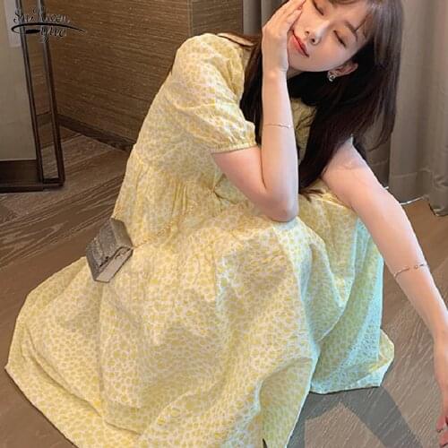 2021 Summer Floral Woman Dress Short Sleeve Plus Size Mid-Calf Female Party Dress Elegant Yellow Casual Dresses Vestidos 15498