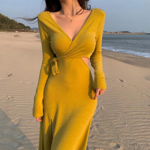 2021 New Fashion Sexy Womens V-Neck Open-Back Split Slimming Knit Dress