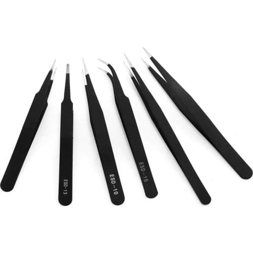 6Pcs Anti-static ESD Stainless Steel Tweezers Cutting Dies Tools Industrial Precision Curved Straight Tweezers