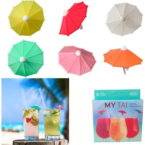 6Pcs Silica Gel Umbrella Topper Drink Picks Cocktail Parasols Summer Wine Glass identification Label Hawaiian Party Decoration