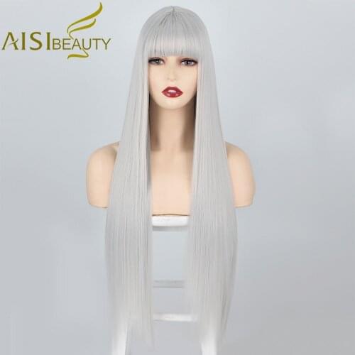 AISI BEAUTY Synthetic Wigs Long Straight Grey Hair with Bangs Black White Heat Resistance Wigs for Women Daily Cosplay(28inches)