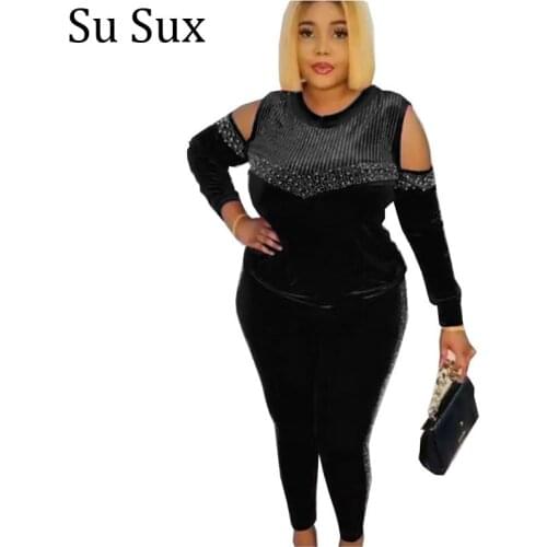 Velvet Sequins Two Piece Set Tracksuit Women Pant Suits O Neck Long Sleeve and Pencil Pants Sets Sportwear Vestidos 2021 Autumn