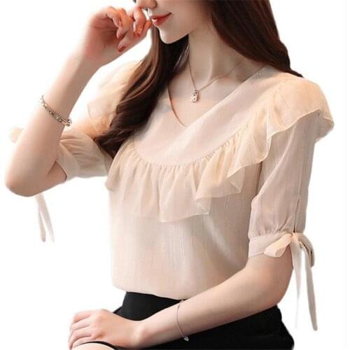 New Short Sleeve Chiffon Women Blouses Lace-Up 2019 New Fashion Summer Ruffles V-Neck Blouses Three Colors Female Blouses Q304