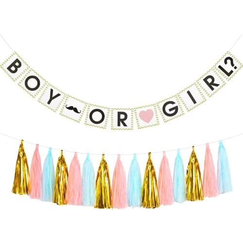 GAGAKU Boy Or Girl Gender Theme Party Newborn Reveal Banner Party Decoration Heart and Beard Shiny Paper Tassels Garland Gold