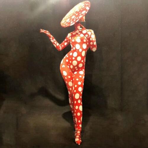 Red Wave Point Full Body Suit Big Hat Sexy Zentai Catsuit Headdress Woman Party Gogo DS Bar Dj Stage Drag Queen Costume DJ271