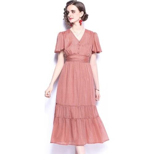 V Neck Summer Midi Dress Beading Mid-Calf Short Sleeve Dresses for Women Party Empire Solid Birthday Dress for Women 2021 New
