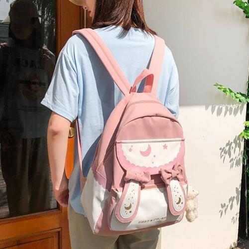 Cute Nylon Backpacks for School Teenage Girls Korean Style Solid Color Star printing Pink Laptop Backpack Female Rabbit ears bag
