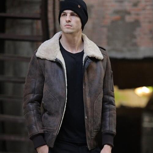 2019 New Mens Shearling Jacket B3 Flight Jacket Sheepskin Coat Short Mens Fur Coat Leather Jacket