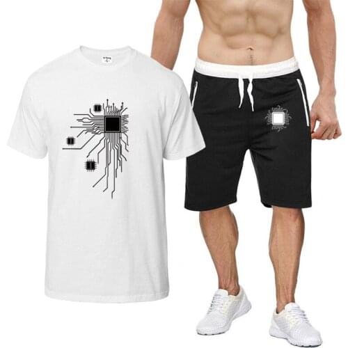 Computer CPU Core Heart Mens Print Sportswear Suit GEEK Nerd Freak Hacker PC Gamer Short-Sleeved T-Shirt + Shorts 2-Piece Sets