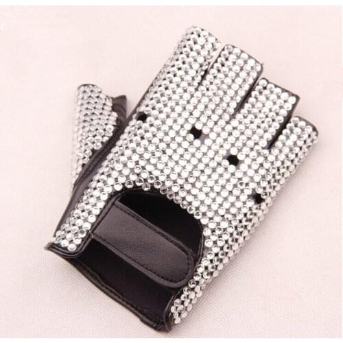 Mens fashion semi-finger cut out Rhinestone gloves male pu leather hip-hop dancing performance gloves tb181