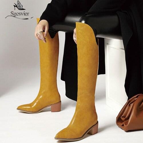Sgesvier 2020 New arrival knee high boots square heels pointed toe ladies shoes winter solid color women boots black sliver