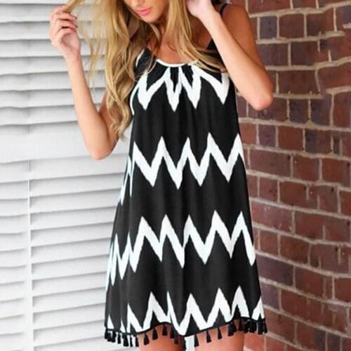 Tassel Loose Sundresses Women Summer All-match Sexy Wave Pattern Strap Dress Sleeveless Holiday Mini Dress