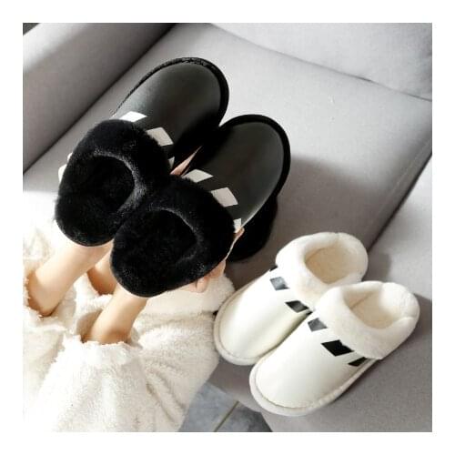 Slippers Women Winter Warm PU Plush Slippers Wood Floor Indoors Bedroom Slipper Non-slip Home Slippers Men Shoes Woman