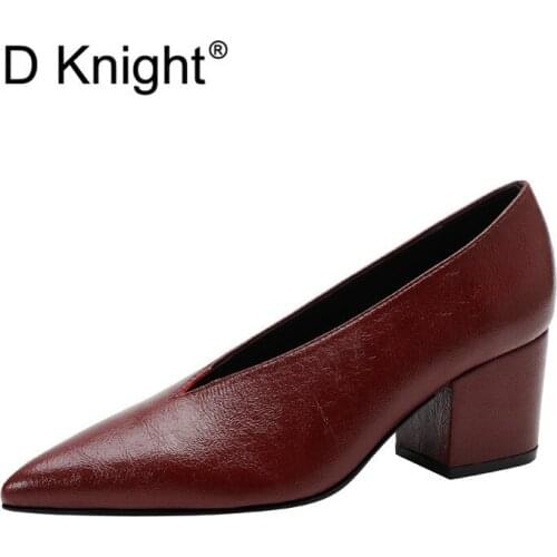 Spring Autumn Soft Leather Women Pumps Shoes Thick High Heel V Mouth Sexy Lady Office OL Heels Shoes Work Job Pumps Shoes 5. 5CM