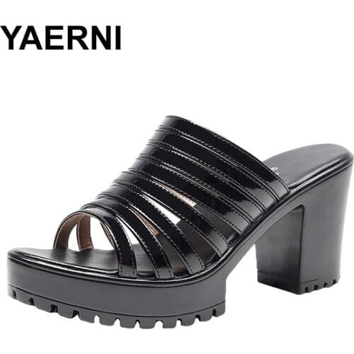 YAERNI Patent Leather Shoes New 2020 Womens Slippers High Heels Platform Slippers Ladies Shoes Work Peep Toe Black Block Heels