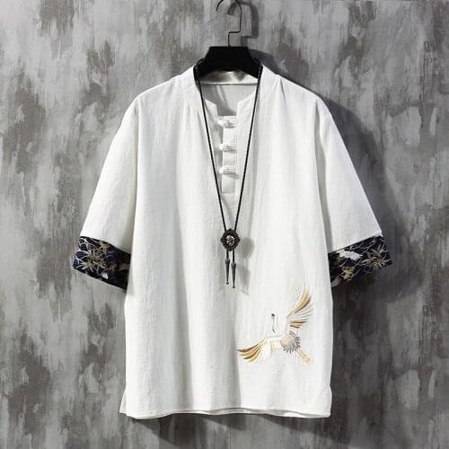 Embroidery Men Cheongsam Tops Tang Suit Traditional Chinese Tee Shirt For Men Hanfu Blouse Cotton Tshirt China Tee Tops 30173