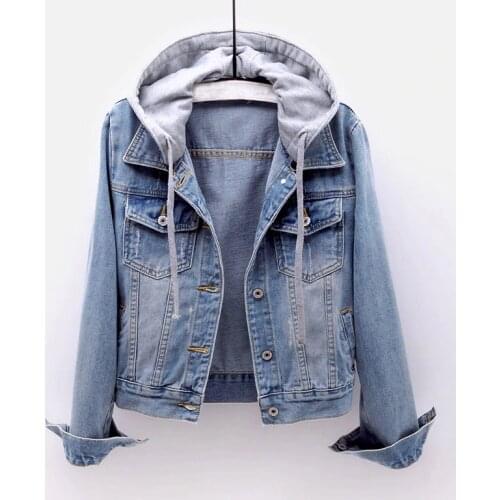Vintage Denim Jacket Women Autumn Coat Ripped Hooded Outerwear Coats Windbreaker Basic Boyfriend Female Jeans Jacket Plus Size