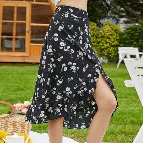 Vintage Floral Print Long Skirts Women High Waist Midi Bow Tie Skirt 2021 Summer Sexy Split Wrap Ladies Black Beach Skirts