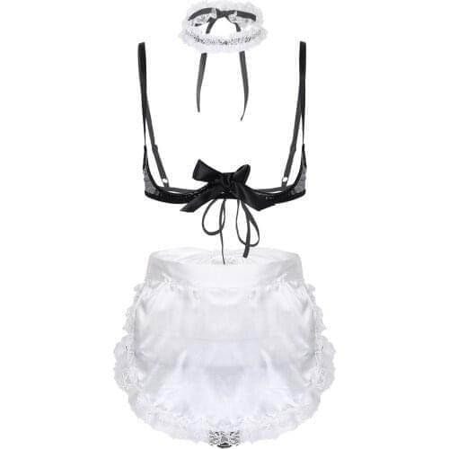 Womens French Maid Cosplay Costume Sexy Erotic Housemaid Outfit Party Costume Bowknot Lace Trim Sleepwear with Apron Neck Strap