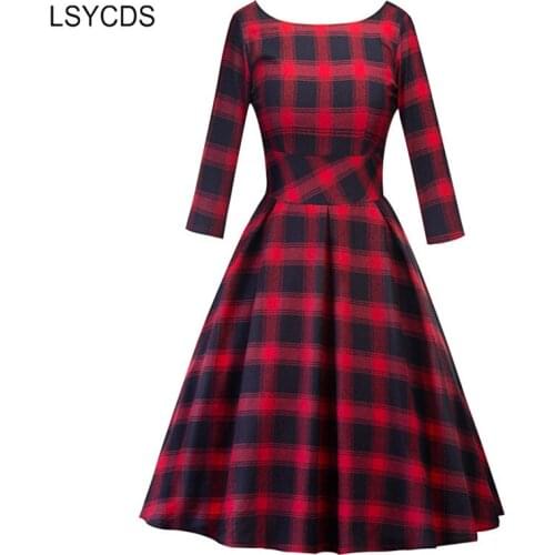 Cotton Plaid Dresses Women 2020 Autumn Three Quarter Sleeve Backless Ladies Dress Knee-Length Elegant Retro 50s Vintage Dress