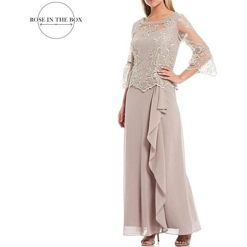 Plus Size Bell Sleeve Lace Mother of The Bride Dresses With Jacket Modest Chiffon Mother Evening Dresses Vestidos De Madrina