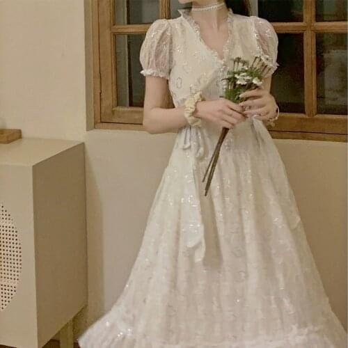 Lace Vintage Floral Dress Women V-Neck Designer Fairy Elegant Long Dress Summer Korean Retro Short Sleeve Casual Party Dress