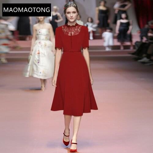 New 2021 Fashion Designer Summer Red Dress Women Short sleeve Lace Patchwork High waist Sashes Elegant Party Midi Dress