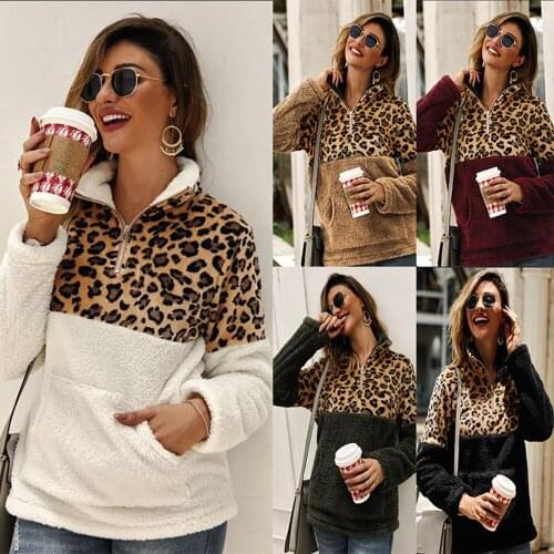 Za Winter Fleece Sweater Fashion Leopard Patchwork Fluffy Thick Sweaters Warm Zipper Pullovers Women Winter Coat Sherpa Tops