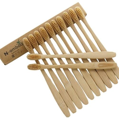 12 Pieces Bamboo Toothbrush Wood Novelty Bamboo soft-bristle Capitellum Bamboo Fibre Wooden Handle Extra Slim Handle Beige