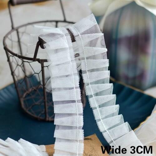3CM Wide White Mesh Guipure Lace Fabric Stitching Pleated Ruffled Lace Collar Embroidery Ribbon DIY Material Garment Accessories