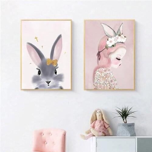 Abstract Wall Art Lovely Cartoon Rabbit Girl Paintings Nordic Canvas Posters and Prints Living Room Bedroom Corridor Decoration