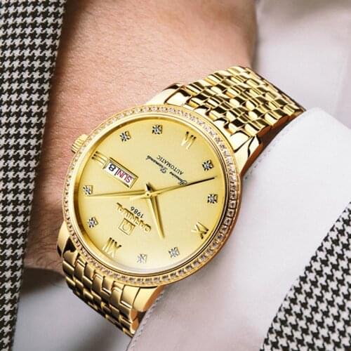 Switzerland Famous Brand Top Mens Watches Luxury Gold Rhinestone Watch Automatic Mechanical Golden Steel Men Clock Sapphire