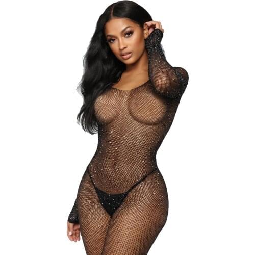 Black Bling Sexy Bodystockings Women Fishnet Open Crotch Catsuit Mesh Tights Lingerie Erotic Bodysuit Sleepwear Jumpsuit Teddies