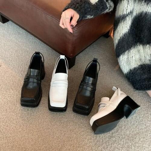 Spring & Autumn Brogue Womens Shoes Square Toe British Style Retro Female Loafers Shoes Thick Heels with Platform OULYYYOGO