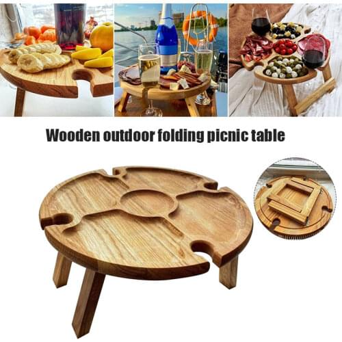 Wooden Outdoor Folding Picnic Table With Glass Holder Round Foldable Desk for Camping D1
