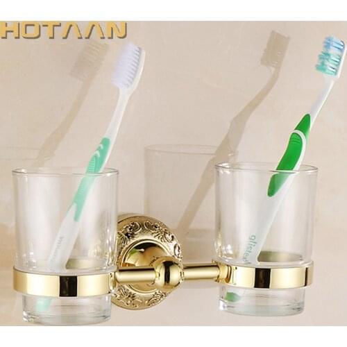 Cup & Tumbler Holders Retro Brass Material Wall Mounted Bathroom Accessories Gold Color Flower Carved Double Cup Holder YT-12908