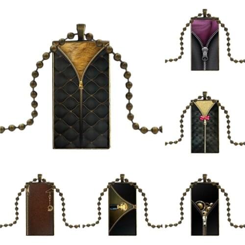 For Women Men Party Black And Gold Zipper Printed Glass Pendant Necklace Handmade Half Pendant Rectangle Necklace