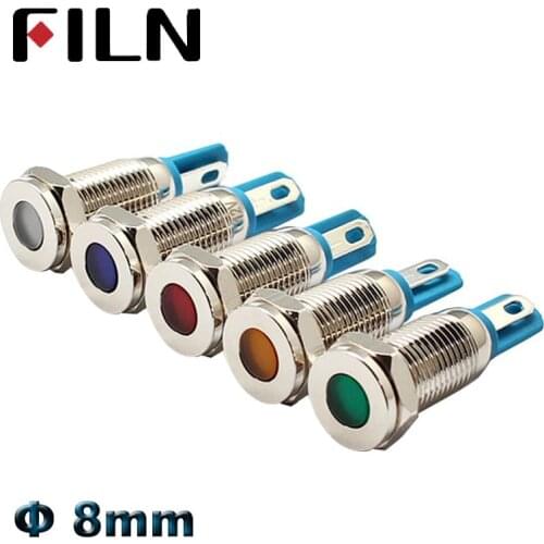 FILN 8mm 12v led chrome metal indicator light red green blue white yellow led metal pilot lamp car warning signal light