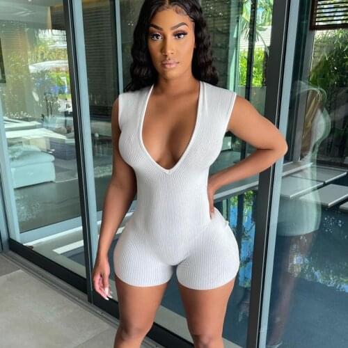 Dulzura Ribbed Solid Women Playsuit V Neck Sleeveless Bodycon Sexy Streetwear Casual Sporty 2021 Summer Clothes Combishort