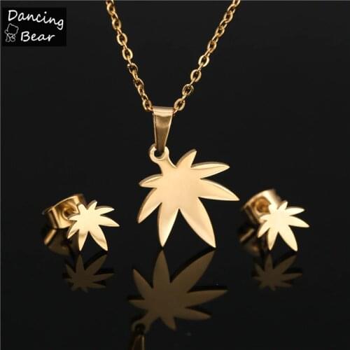 Stainless Steel Gold Color Pendant Necklace sets link Chain Clover Heart snowflake Bear Necklace Earrings sets For Women