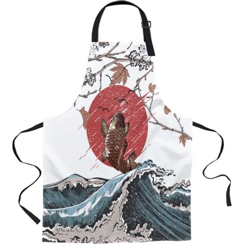 Japanese Style Sea Wave Carp Printed Kitchen Cooking Baking Aprons Canvas Sleeveless For Women Man Kids Home Delantal Cocina