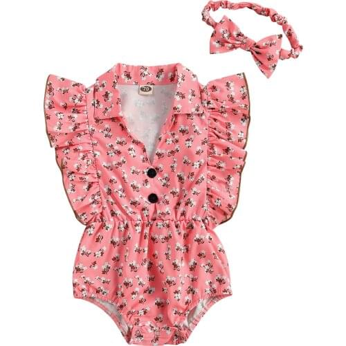 Sweet Infant Baby Girl Floral Romper Cute Ruffle Fly Sleeve Turn down Collar Jumpsuit+Bow Headband Summer Baby Outfits 0-18M