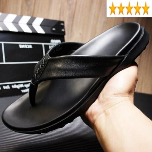Mens Genuine Leather Summer Outdoor Flip Flops Luxury Brand Non-Slip Beach Slipper Fashion Black Flat Sandals Quality Footwear